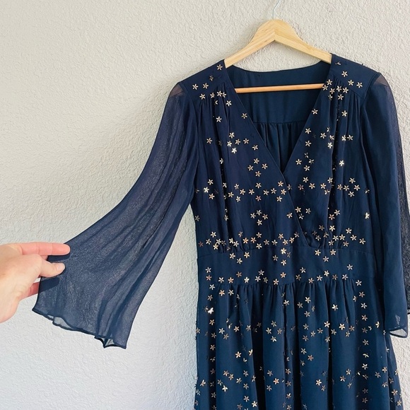 French Connection Navy Star Sequin Long Sleeve Sheer Dress - Picture 2 of 16